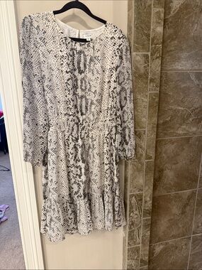 J. Crew Snake-Print Long Sleeve Tiered Midi Dress in White and Gray